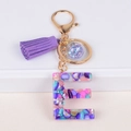 Letter E resin keychain with colorful mixed stones, purple tassel and gold hardware - Letter D(5859543255612)