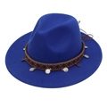 Royal blue wool felt fedora with ethnic embroidery band and silver coin charms - Sapphire Blue