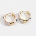 Minimalist evil eye hoop earrings in gold with light purple and dark blue enamel - Purple