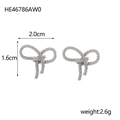 Detailed size specifications for silver titanium steel bow earrings showing 1.6cm by 2.0cm - HE46786AW0 Silver Granular Bow