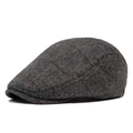Charcoal grey tweed newsboy cap with herringbone weave and red windowpane pattern - Adjustable / Light Gray