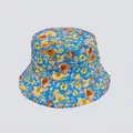 Detail of sky blue bucket hat with yellow floral print and multi-row stitched brim - M (56-58cm) / Blue Yellow Orange Brown Floral (24#)