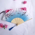 Blue and white gradient bamboo folding fan with cherry blossoms, butterflies and tassel - Blue & White Gradient Cherry Blossom Butterfly Style (Ladies' Fan-54)