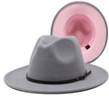 Detail of grey wool fedora hat with contrast pink lining and black leather buckle band - M (56-58cm) / Grey + Pink