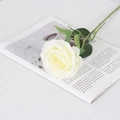 Single white velvet artificial rose with green leaves on an open magazine display - Round Silk White