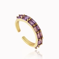 Dettaglio anello dorato regolabile con doppia fila di zirconi viola a taglio smeraldo - Taglia Unica(Regolabile) / Zircone Viola