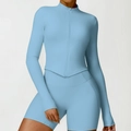 Slim fit light blue long sleeve yoga jacket with V-shape hem and high waist shorts - S / Haze Blue