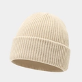 Close-up of the ribbed knit texture and wide folded brim on the beige beanie - One Size / Off-white