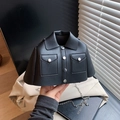 Creative black leather jacket-style crossbody bag with silver chain and button details - Black