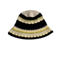 Handgefertigter Häkelhut in Beige und Grün mit Wellenmuster und Retro-Blumendesign - Kontrast Beige Schwarz Grün / M (56-58cm)
