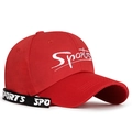 Red sports baseball cap featuring white bold embroidery and a decorative ribbon strap - Adjustable / Red