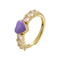 Detail of adjustable gold ring with purple heart enamel and sparkling zircon accents - Purple