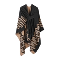 Knitted shawl wrap in black and brown herringbone pattern with elegant front tie closure - Herringbone-Black Camel