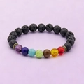 Adjustable 7 chakra healing bracelet with black volcanic lava stone and colorful beads - 7 Chakra Black Lava Stone Elastic Bracelet - jw26