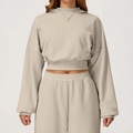 Women's oatmeal cropped hoodie and high-waisted joggers set for fitness and casual wear - S / Oat Apricot
