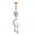 Rose gold belly button ring featuring a zircon-encrusted moon and star dangle charm - Style 35