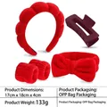 Red padded sponge headband set with fuzzy wristbands and bow hair tie for washing face - 4- Five-piece Set Of Bright Red Terry Cloth Headbands