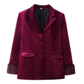 Burgundy velvet blazer for women featuring luxurious faux fur cuffs and a two-button design - S / Outerwear