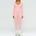 Ensemble de yoga rose clair 2 pièces avec haut à col en U et legging taille haute - S / Haut Et Bas / Rose Pêche