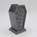 3D printed black gothic coffin makeup brush holder with spider web pattern design - Spider Web Texture / Black