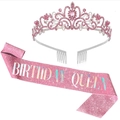 Pink Birthday Queen sash set with rose gold glitter and crystal rhinestone tiara - One Size / Pink Birthday Queen Set