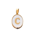 Macro view of 22mm gold stainless steel oval pendant featuring mother of pearl letter C - Gold Letter C