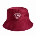 Detailed view of white letter embroidery on a wine red cotton bucket sun hat - 55-58cm / Red (Panegyric)