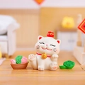 Miniature white fortune cat figurine with red collar and lucky bag on lotus base - -263 Good Luck Always