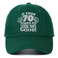 Detail of 70th birthday embroidery on dark green cotton baseball cap with white lettering - Green