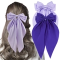 Elegant purple large bow hair clip with long ribbons for women, soft satin fabric style - Deep purple