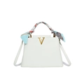 White litchi grain handbag with gold V logo and silk scarf handle, versatile crossbody bag. - White