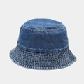 Classic dark blue washed denim bucket hat with decorative yellow stitching for outdoors - M / Flat Top Medium Blue