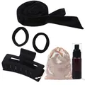 Heatless hair curler set in black velvet with claw clip, scrunchies, and spray bottle - Black Small Scrunchie 6-Piece Set