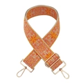Detailed view of woven floral pattern shoulder strap with gold metal lobster clasps - Yellow Orange Flower