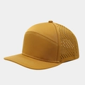 Detail of laser-cut ventilation holes on a mustard yellow 5-panel flat brim baseball cap - Ginger Yellow