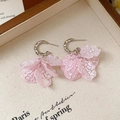 Detailed shot of pink crystal petal tassel earrings with silver hooks and iced texture - 28# Silver Pin - Pink - Petal