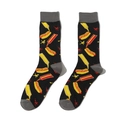 Detail showing knit hot dog and condiment bottle patterns on black mid-calf socks - One Size / A778-Hotdog Black