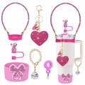 Pink diamond-studded Stanley accessory set with heart keychain and bow boot - Pink Bow Rhinestone Set