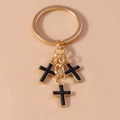 Punk vintage gold alloy keychain featuring three black enamel cross pendants on large ring - Black