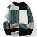 Herren Strickpullover mit Zopfmuster, Rundhalsausschnitt und modischem Patchwork-Design - M / Seeblau