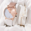 Women's quartz watch with rose gold dial and white strap with a pearl bracelet set - Rose Gold + White + Artificial Pearl Bracelet