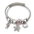 Silver stainless steel charm bracelet featuring pink crystal beads and heart pendant - Starfish Fishbone Shell (C2-019) / Pink