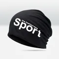 Men's black knitted slouchy beanie hat featuring a white Sport graphic print - Sport Style / Black