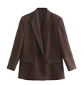 Detailed close-up of a brown mid-length blazer with notch lapels and single button closure - Coffee