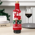 Knitted Christmas wine bottle cover with red reindeer and snowflake patterns and pom-poms - Elk Style