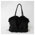 Detail of black faux fur tote bag with braided handle and golden metal chain strap - Black