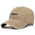 Detail view of khaki washed cotton baseball cap with COVENRAT black letter embroidery - Khaki