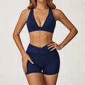 Two-piece navy yoga set with cross-waist high-rise shorts and V-neck sports bra - S / 2044 Bra + 2030 Shorts - Midnight Blue
