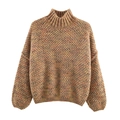 Close-up of thick mock neck knitted sweater with marled brown textured yarn weave - S / Earthy Yellow