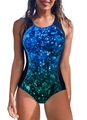 Women's athletic one-piece swimsuit in black and blue gradient light spot print - S / Blue Light Spot Gradient (4976034345191)